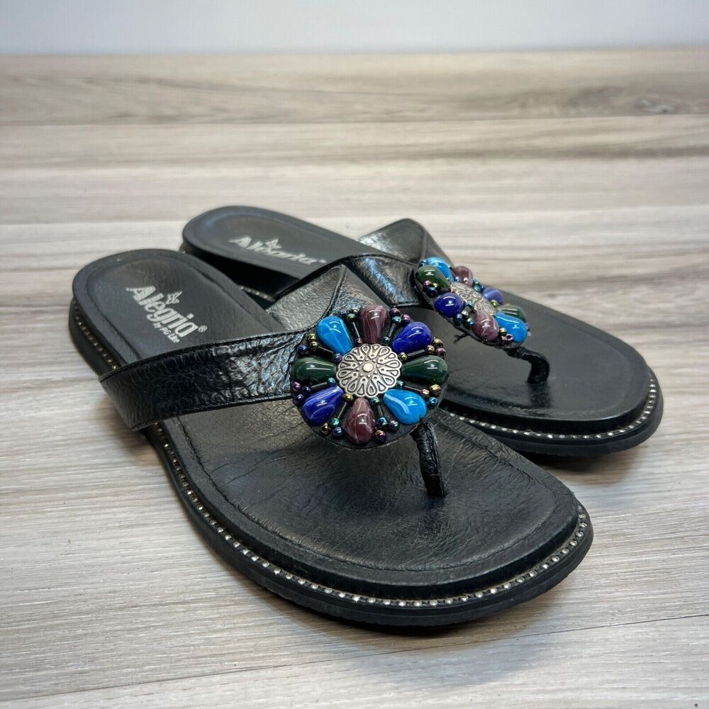 ALEGRIA Diana DIA-601 Black Beaded‎ Jeweled Thong Sandals Flip Flops Size 39 / 9